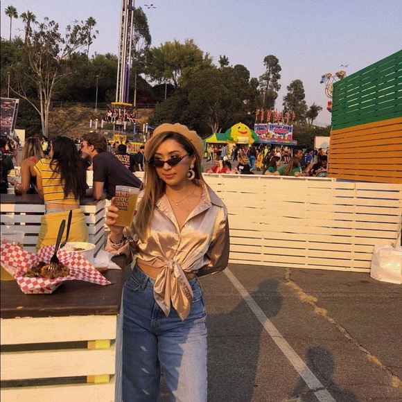 PrettyLittleThing Tops - Champagne Satin Button Shirt